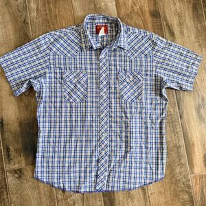 Wrangler Rustler‎ VTG Western Plaid Single Stitch Snap SS Shirt,Blue Yellow,XLT